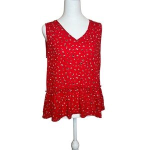 Pleione Anthropologie Red Floral Sleeveless Peplum V-Neck Chiffon Top Small NWT